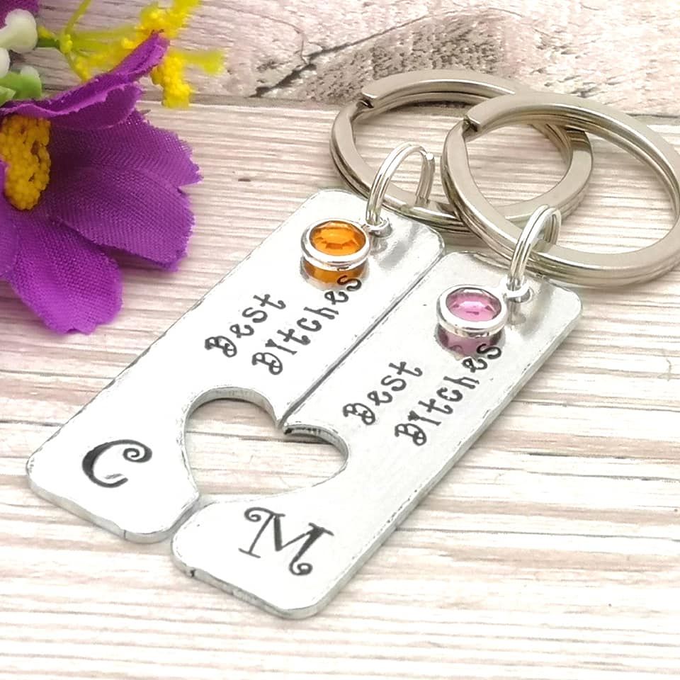 Keyring pair with wording Best Bitches, initials & birthstone crystals