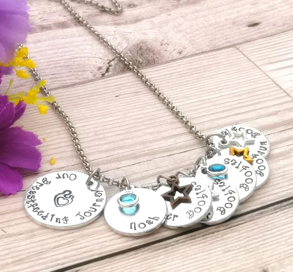 Charm necklace. Our breastfeeding Journey charm with name & award charms