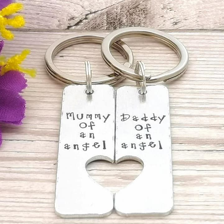 Rectangular keyring pair with the wording Mummy & Daddy of an angel.