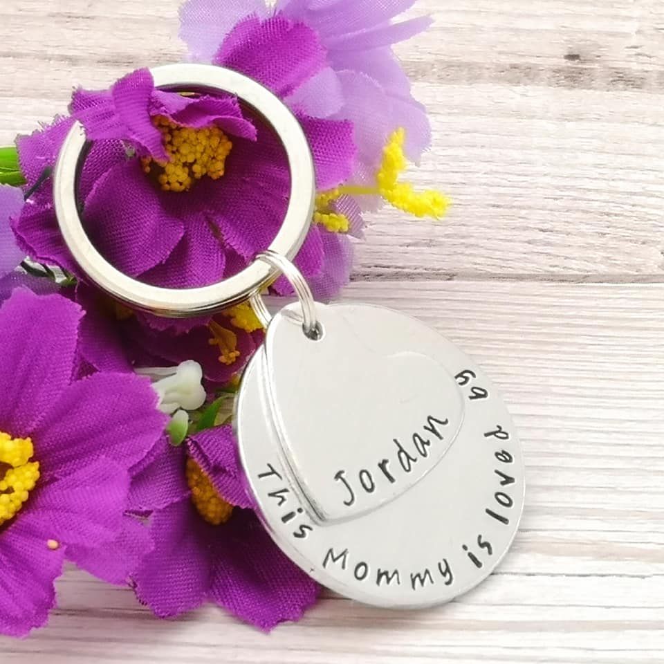 This Mommy is loved by. Personalised  keyring. Heart & circle