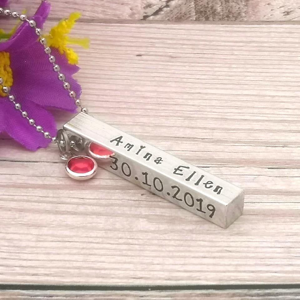 Chunky metal bar necklace personalised with baby birth details & birthstone
