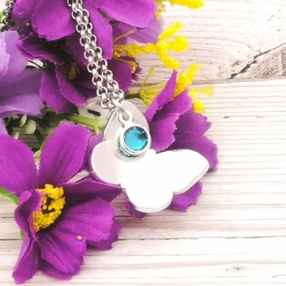 Butterfly Necklace | Birthstone Necklace | Silver Butterfly Pendant | Perso
