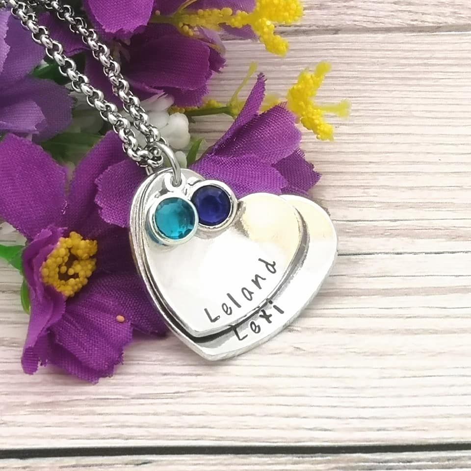 Personalised Two Domed Heart Layered Necklace With Birthstone Crystals