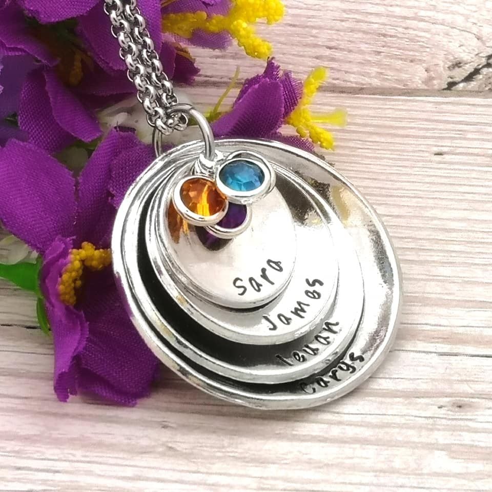Personalised four domed & stacked disc necklace with birthstone crystals