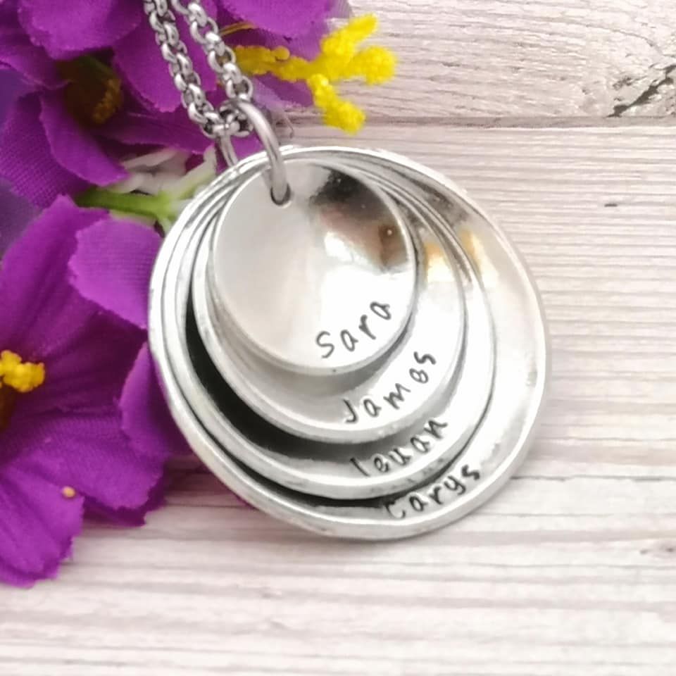 Personalised four domed & stacked disc necklace