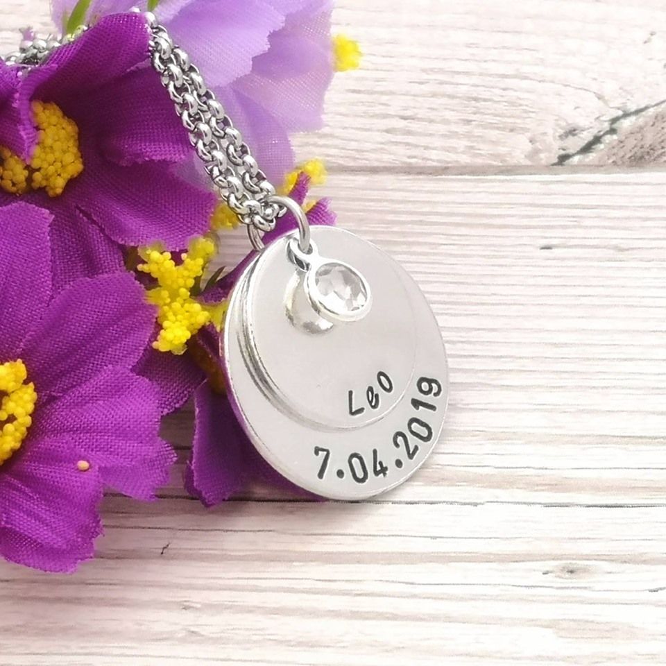 Personalised Name And Date Necklace With Birthstone Crystal | Mum Necklace | New Mum | Wedding Keepsake Gift For Bride | Anniversary Gift 