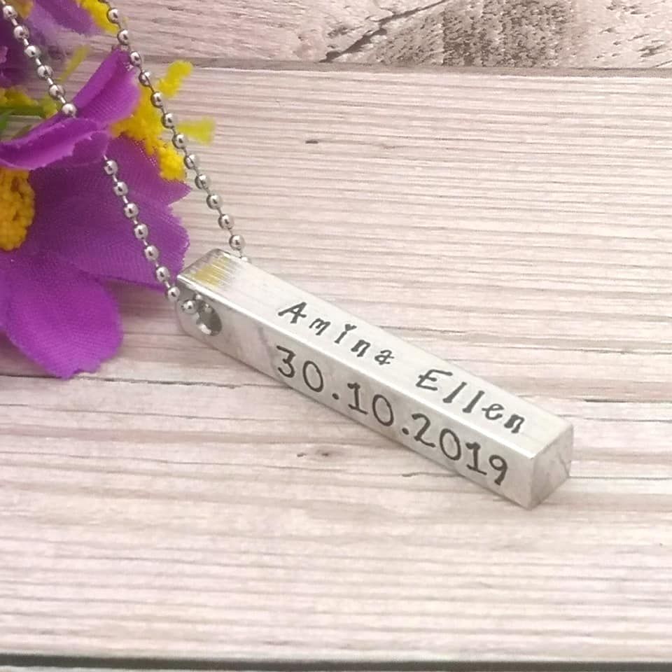 Chunky metal bar necklace personalised with baby birth details