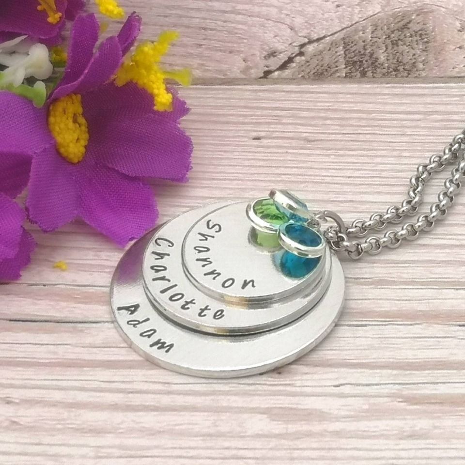 Personalise necklace. 3 stacked discs, 3 birthstone crystals