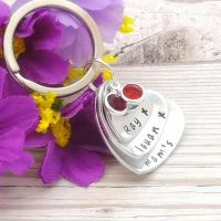Personalised Three Domed Heart Stacked Keyring With Birthstone Crystals