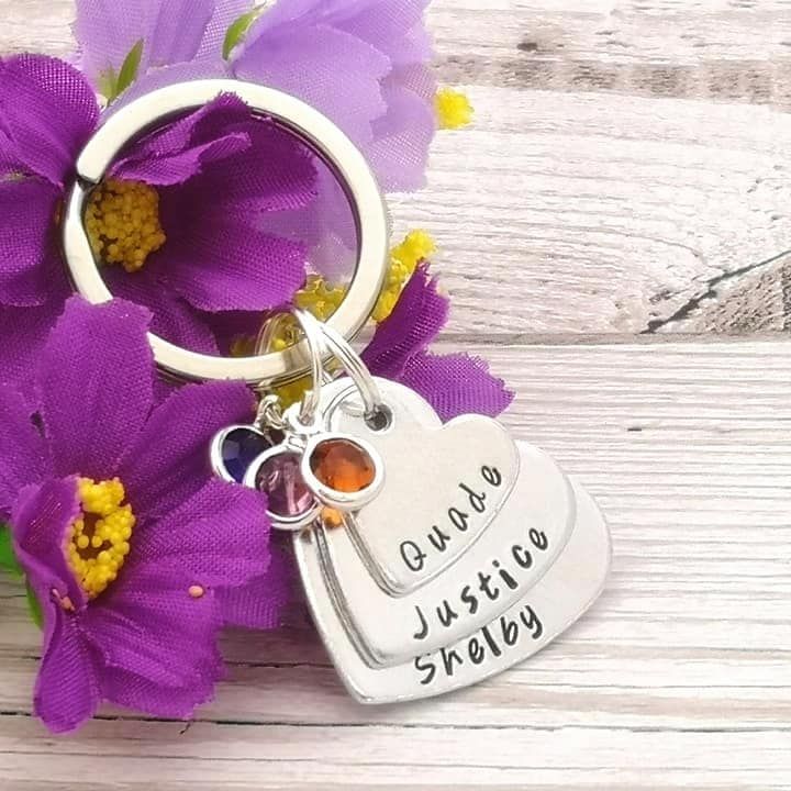 Personalised Three Heart Layered Keyring With Birthstone Crystals