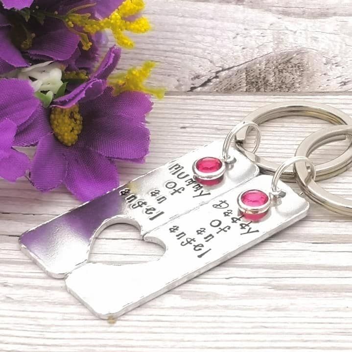 Keyring pair with birthstone crystals & the wording Mummy & Daddy of an ang