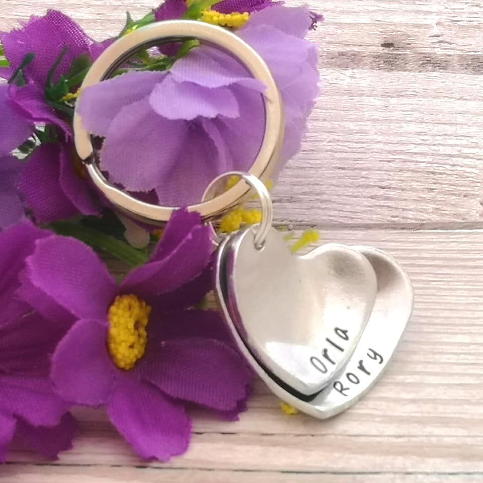 Two domed heart stacked keyring personalised with names