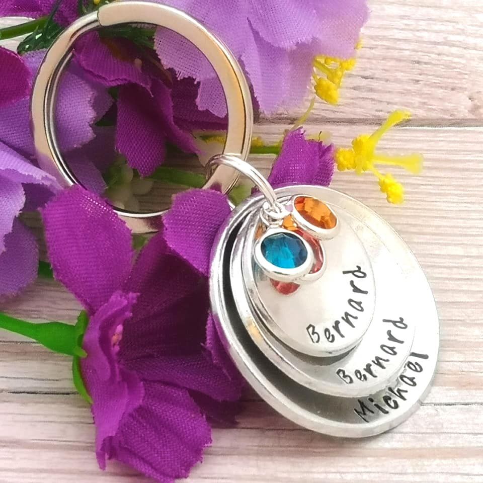 Three Name Personalised Keyring With Birthstone Crystals | Mum Gift | Custom Stacked Keychain | Children's Names Keyring | Gift For Grandma 