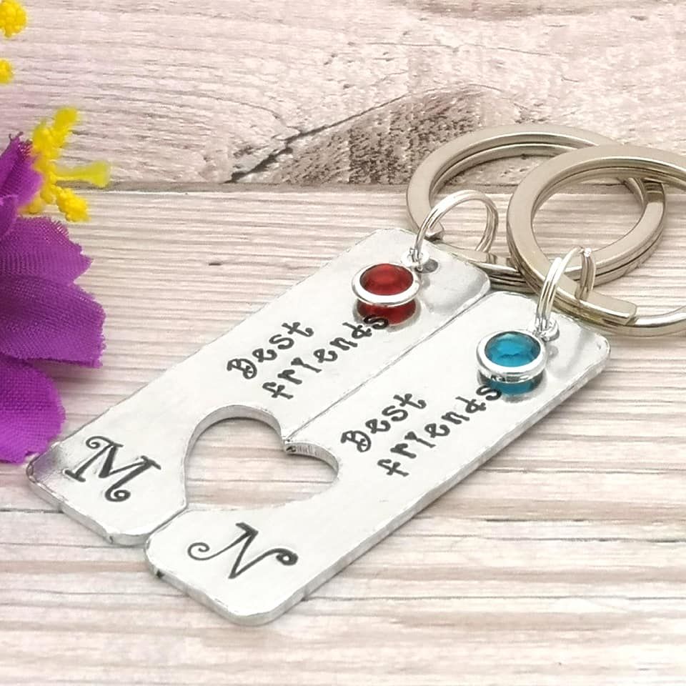 Keyring pair: Best friends personalised with initials & birthstone crystals