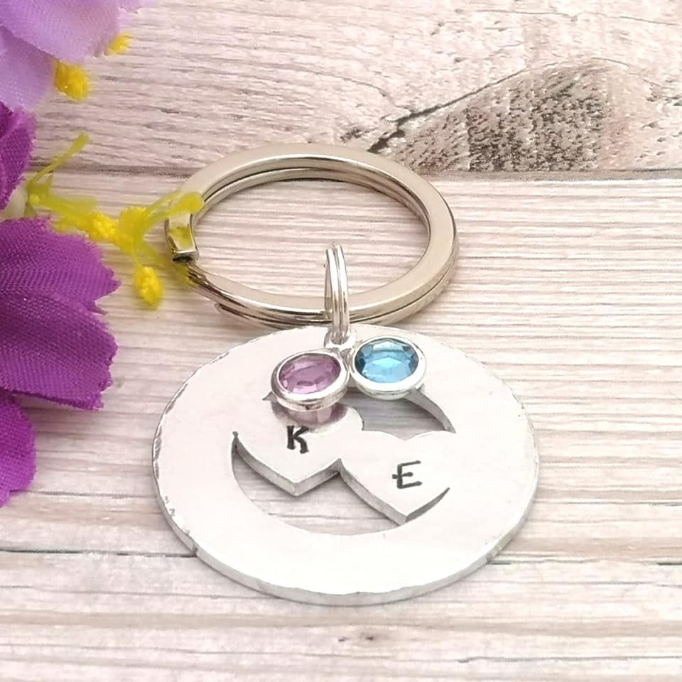 Personalised Valentines Day Gift For Her | Heart Keyring With Birthstone Crystals | Couples Keychain | Two Initials | Gift For Girlfriend