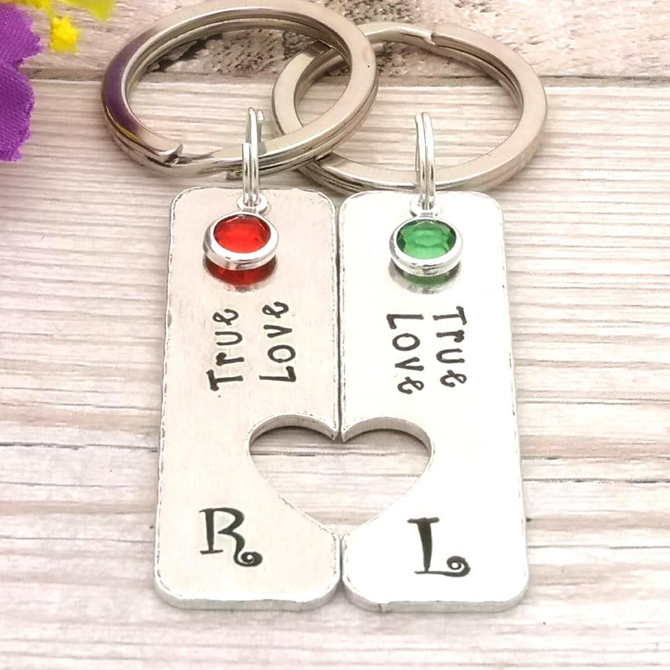 Couples Keyrings With Birthstone Crystals | True Love | Initial Keyring | Monogram Keychain | Engagement Gift | Boyfriend Gift | Anniversary 