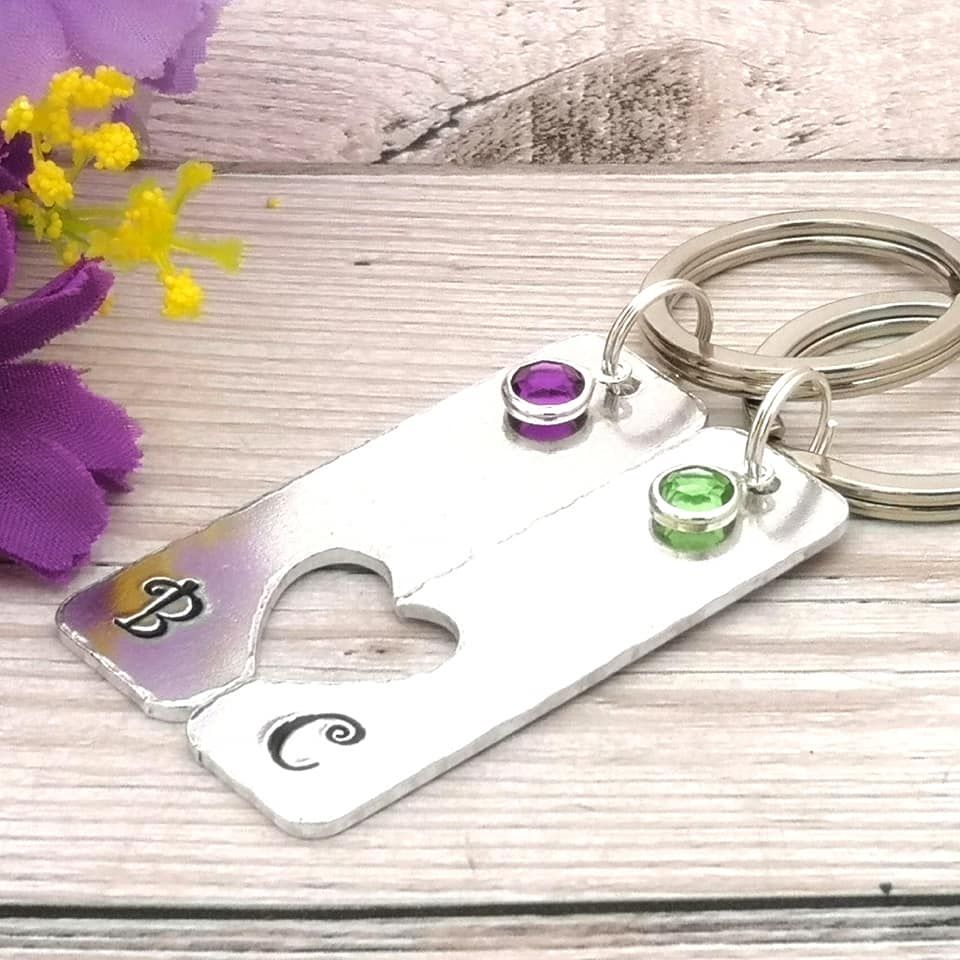 Rectangular keyring pair with personalised initials & birthstone crystals