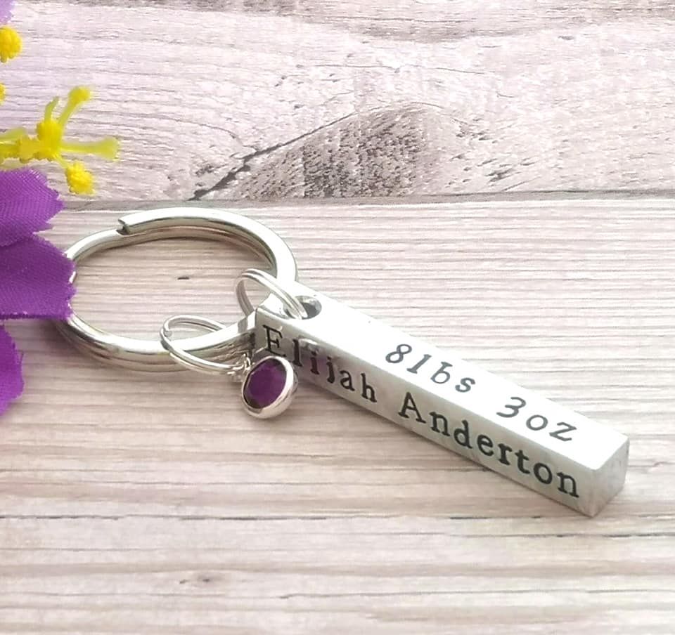 Chunky metal bar keyring personalised with baby birth details & birthstone 