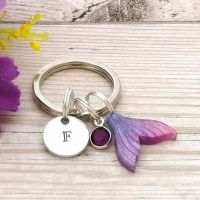 Personalised Charm Keyring - Initial Charm, Birthstone Crystal & Purple Mermaid Tail