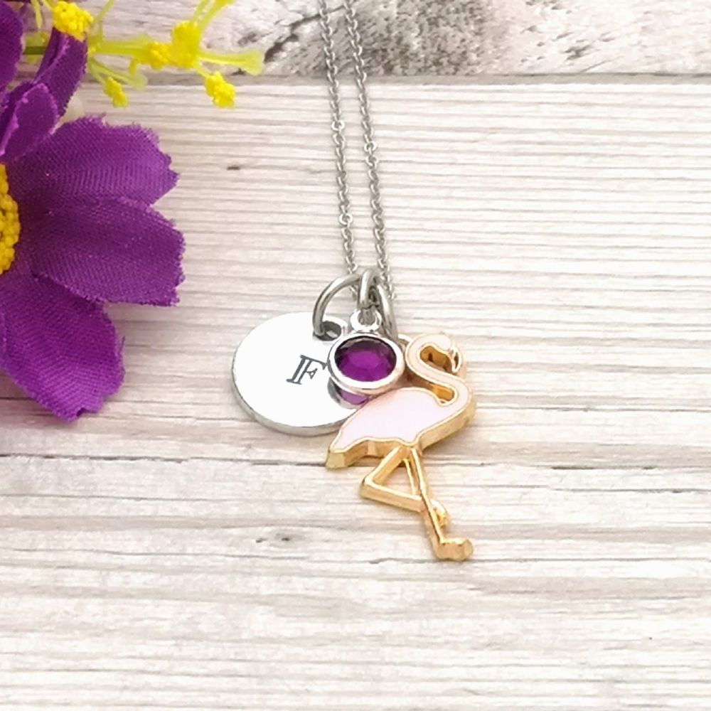 Charm necklace. Initial charm, birthstone crystal & flamingo charm