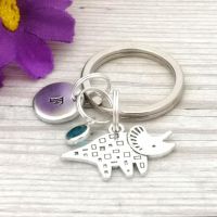 Personalised Charm Keyring - Initial Charm, Birthstone Crystal & Triceratops Dinosaur Charm