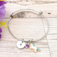 Personalised Charm Bracelet - Initial Charm, Birthstone Crystal & Unicorn Charm