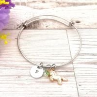 Personalised Charm Bracelet - Initial Charm, Birthstone Crystal & Unicorn Charm
