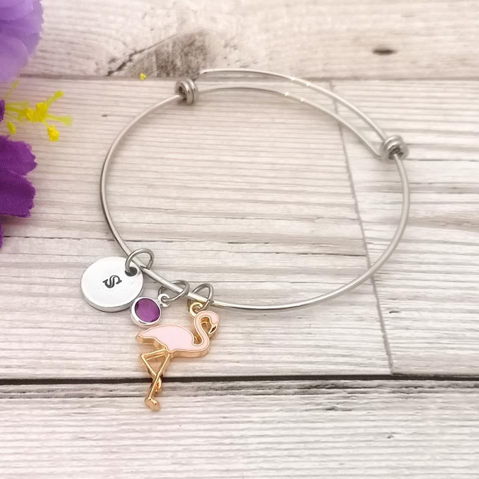 Charm bracelet. Initial charm, birthstone crystal & flamingo charm