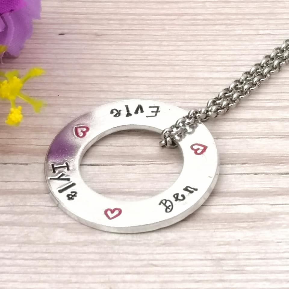 Family Names Necklace | Personalised Washer Necklace | Mum Gift | Children | Nanny | Birthday Gift For Grandma | Grandchildren Name | Circle 