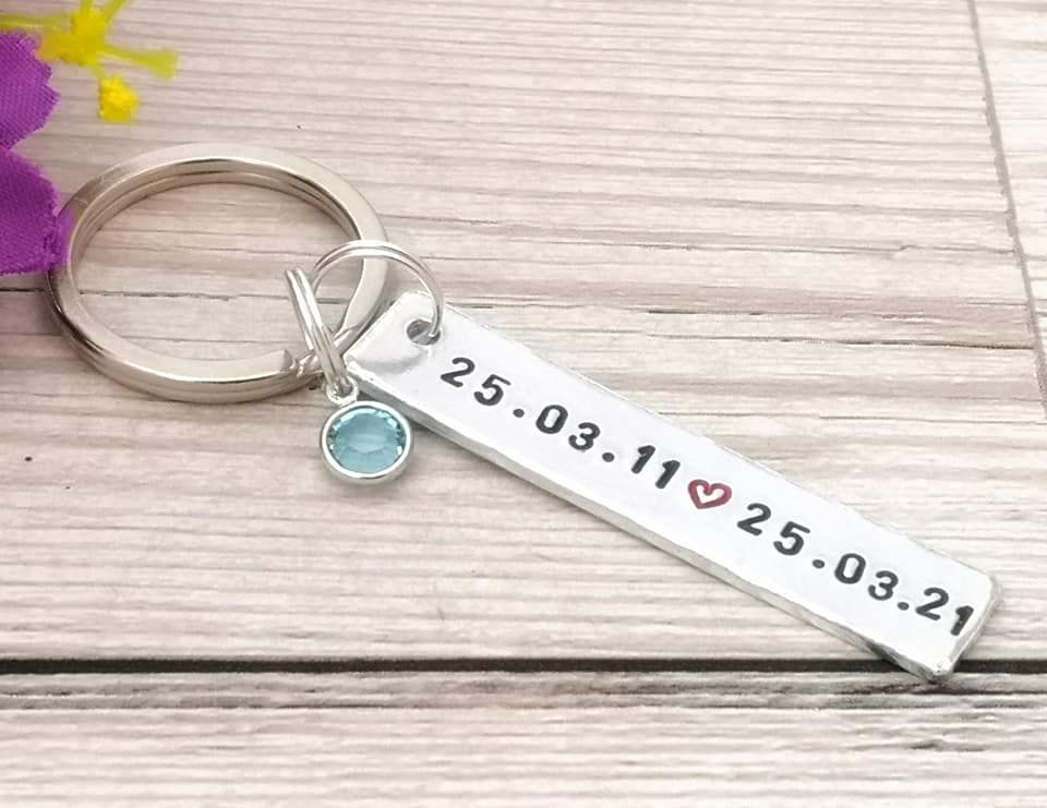 Special Date Keyring With Birthstone Crystal | 10th Wedding Anniversary Gift | Girlfriend Boyfriend | Husband Wife | Memorial Gift | Couples 