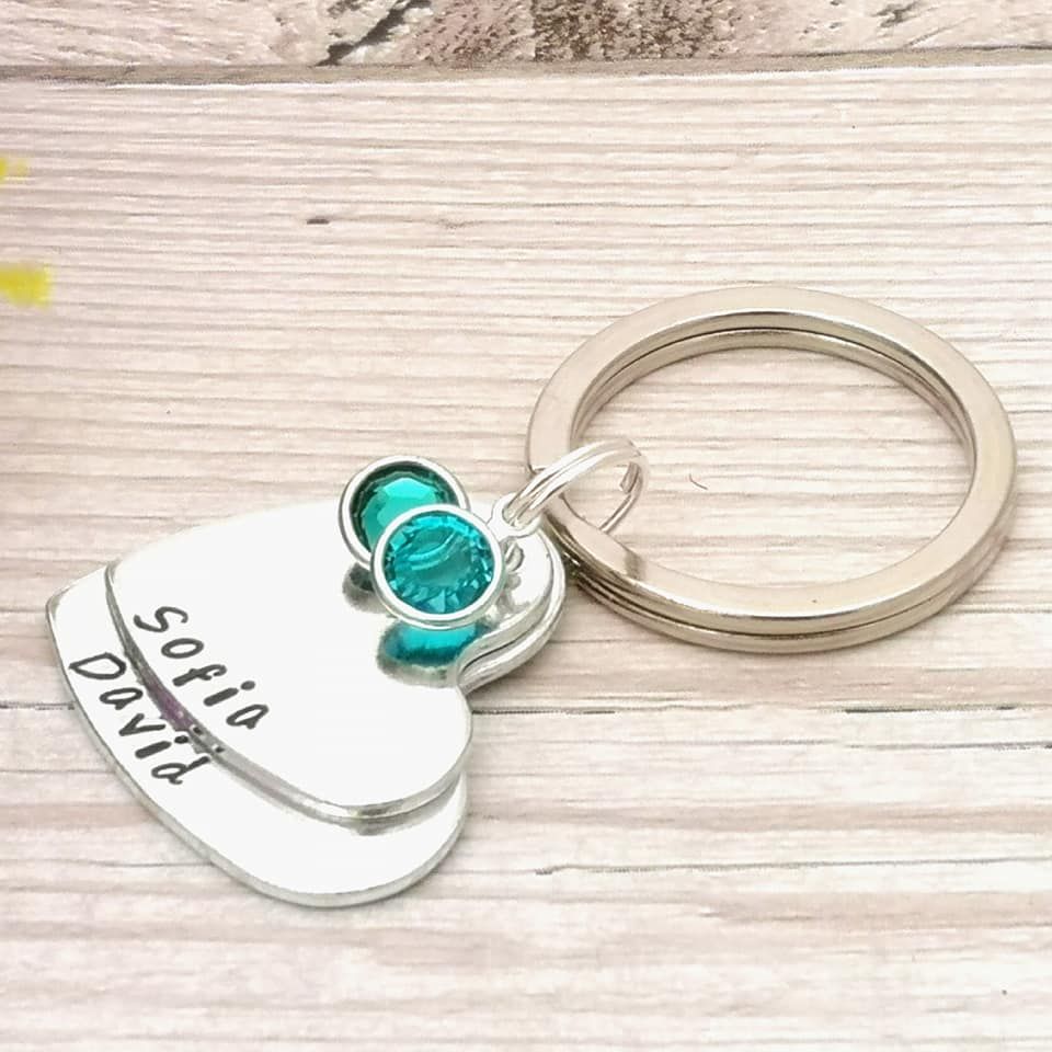 Personalised Two Heart Layered Keyring With Birthstone Crystals