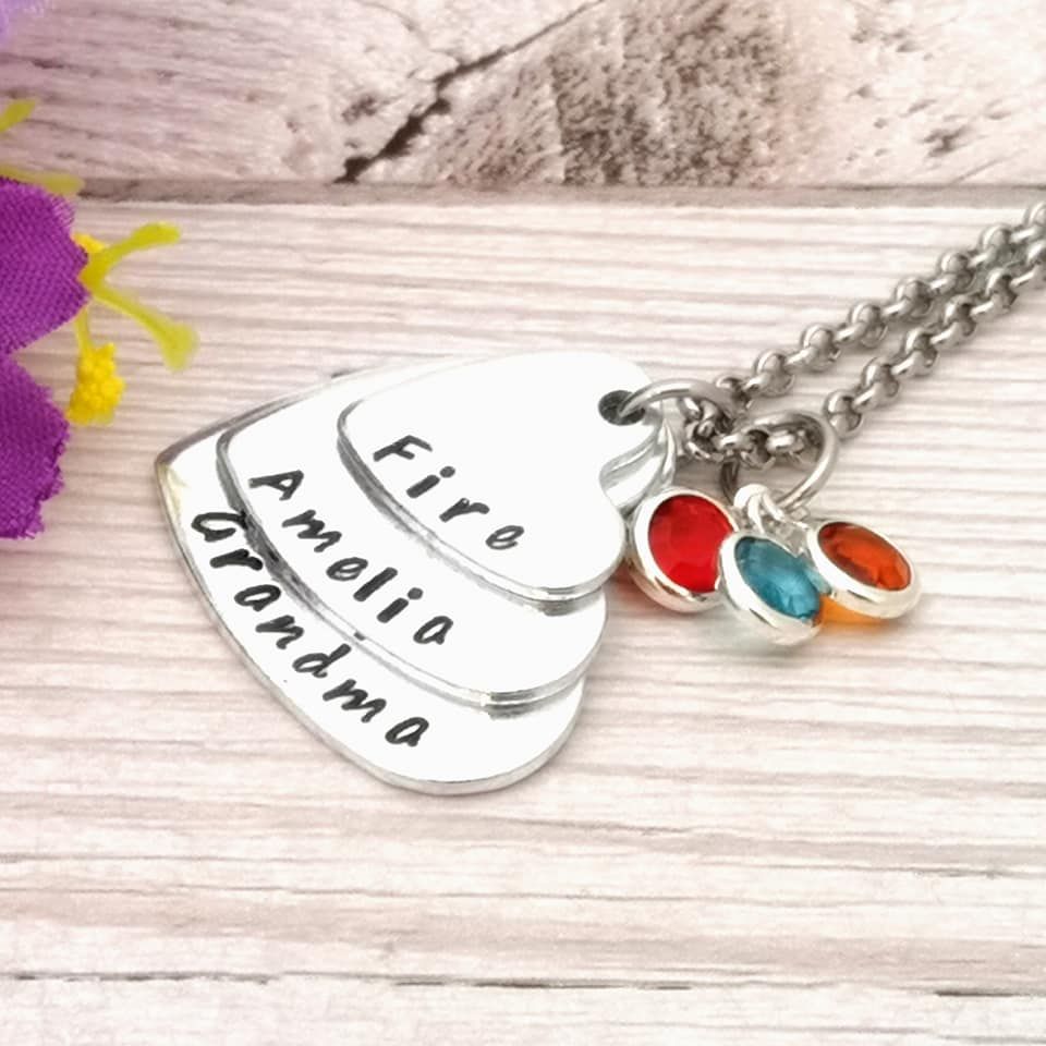 Personalised Three Stacked Heart Necklace with names & birthstone crystals