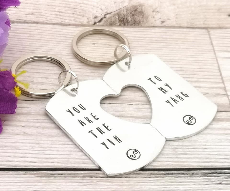 Set of 2 metal keyrings. Rounded rectangles, heart cut out. Couples gift