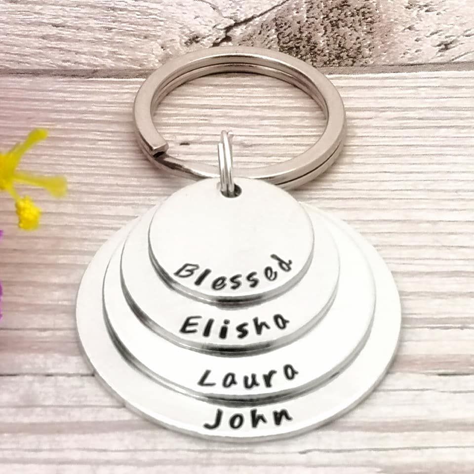 Stacked disc keyring personalised with 4 names.