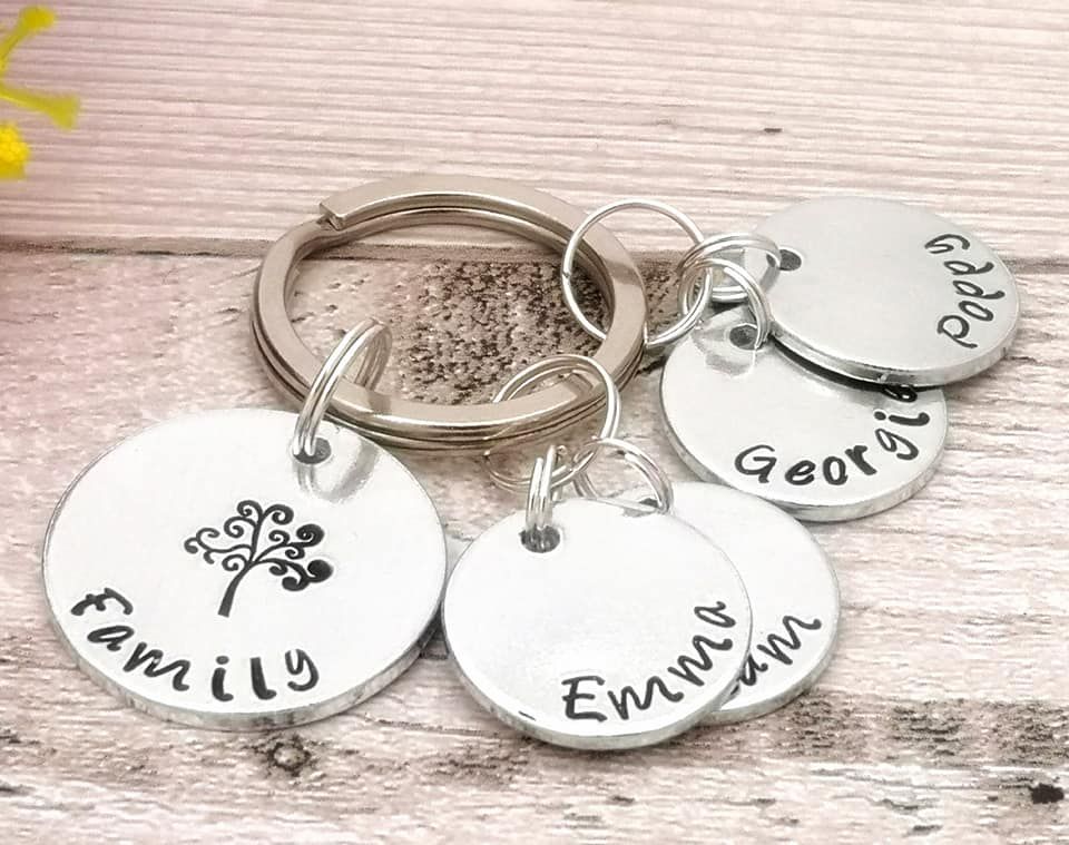Personalised multiple name charm keyring. Main disc: Family with tree stamp