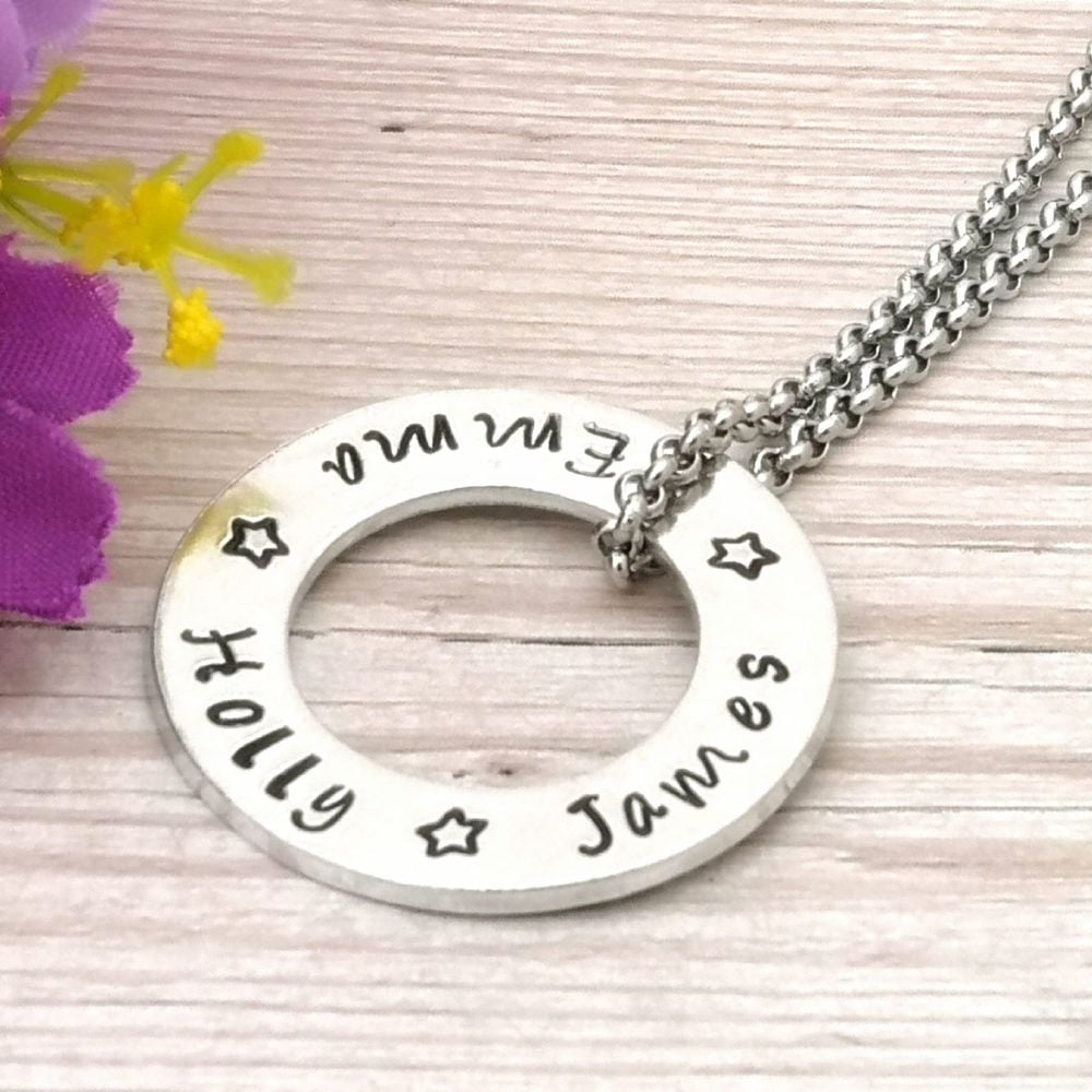 Washer style necklace. Personalised with names.