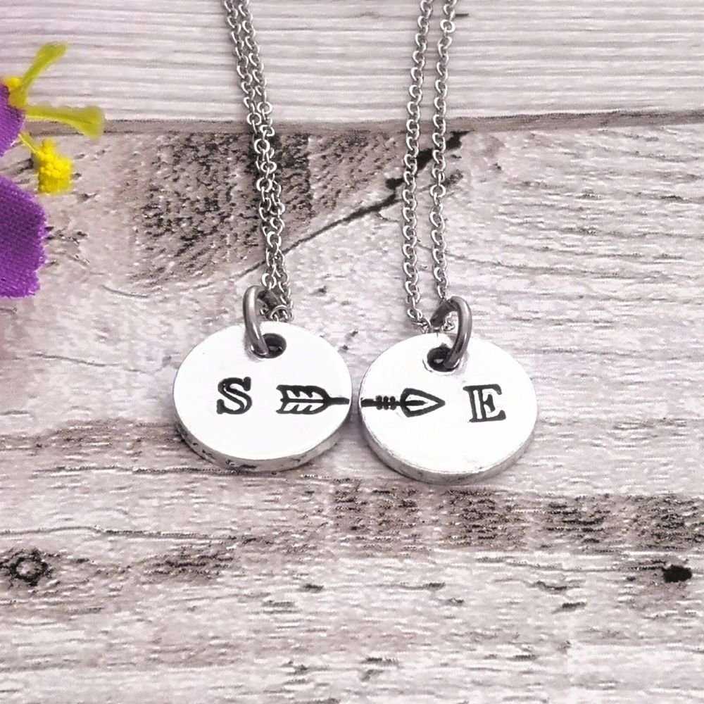 Personalised two necklace matching set. Disc pendants with initials & arrow