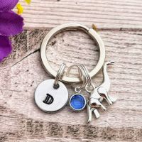 Personalised Charm Keyring - Initial Charm, Birthstone Crystal & Brontosaurus Dinosaur Charm