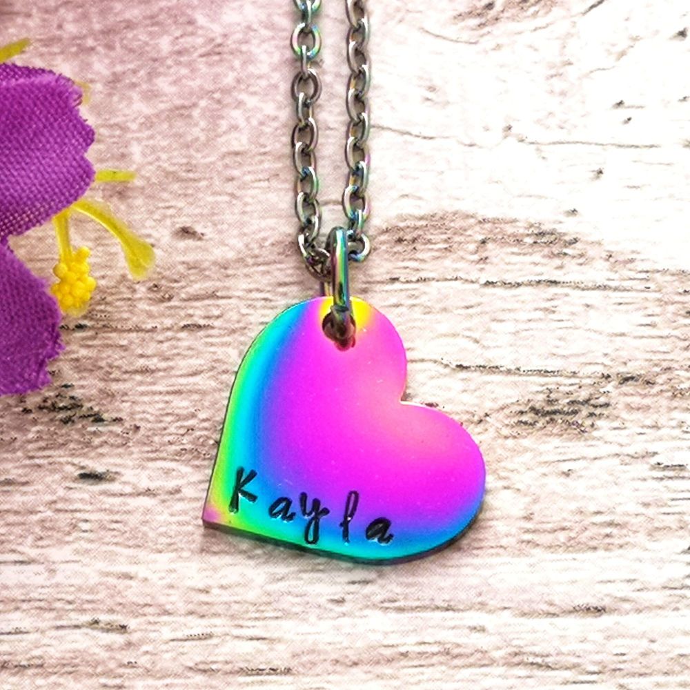 Small rainow heart personalised necklace. Black letters, rainbow chain