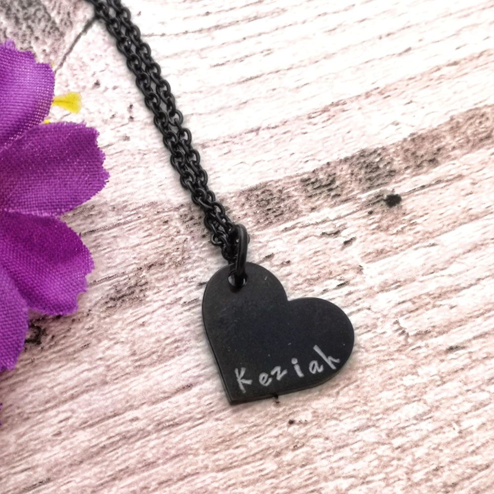 Small black heart personalised necklace. White letters, black chain 