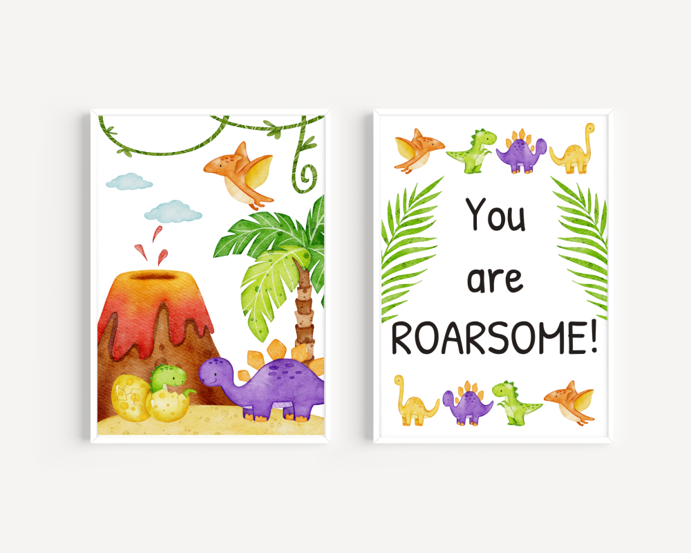 Set Of 2 Dinosaur Prints - Dinosaur Scene & You are ROARSOME!