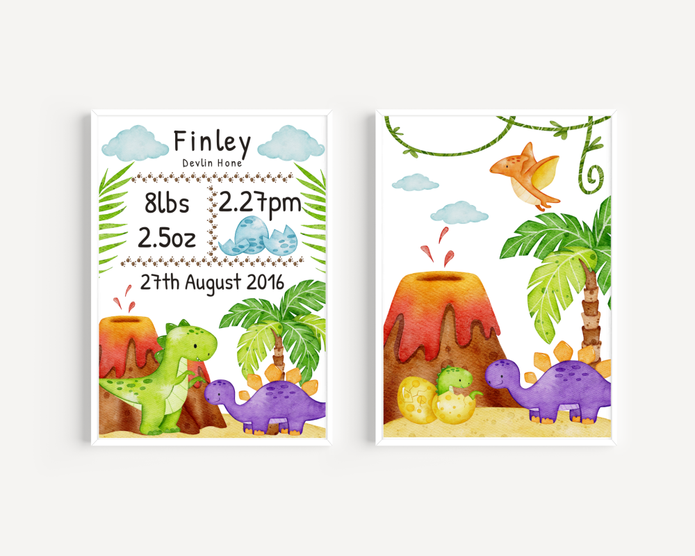 Set Of 2 Dinosaur Prints - Baby Birth Details & Dinosaur Scene