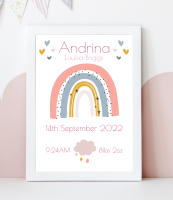 Personalised Baby Girl Birth Details Print - Pink Rainbow