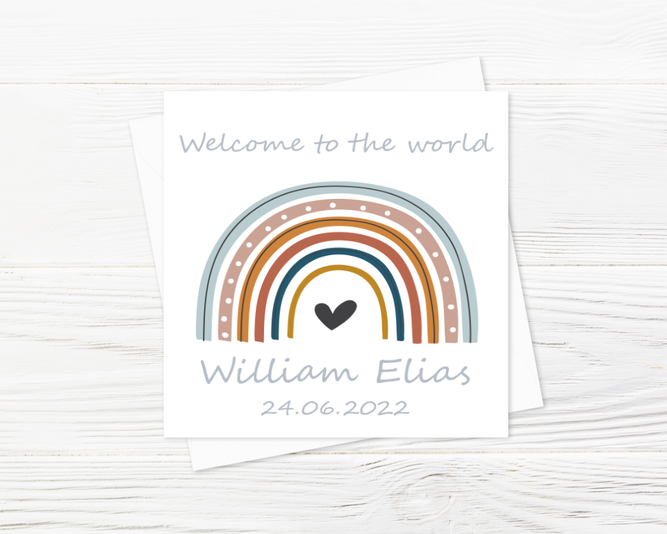 Personalised New Baby Boy Blue Rainbow Card - Greeting Card