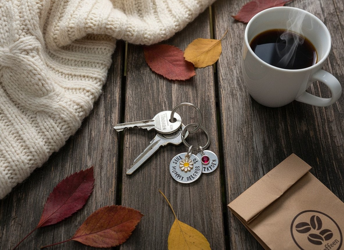 Personalised keyring with keys on rustic wooden bench surrounded by autumn leaves and knitted scarf, handmade keepsake.