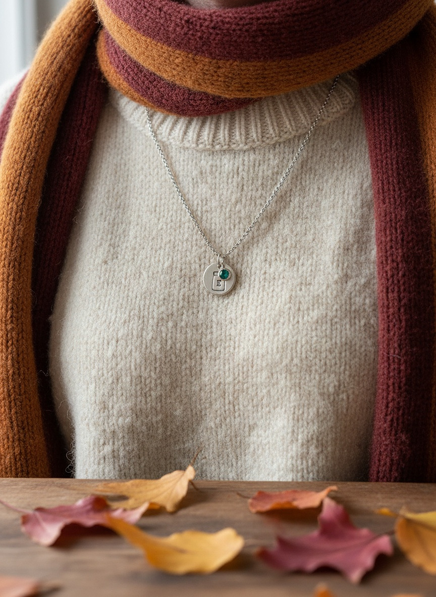 Close-up of personalised necklace layered over cosy autumn jumper and scarf, warm seasonal tones, hand-stamped jewellery.