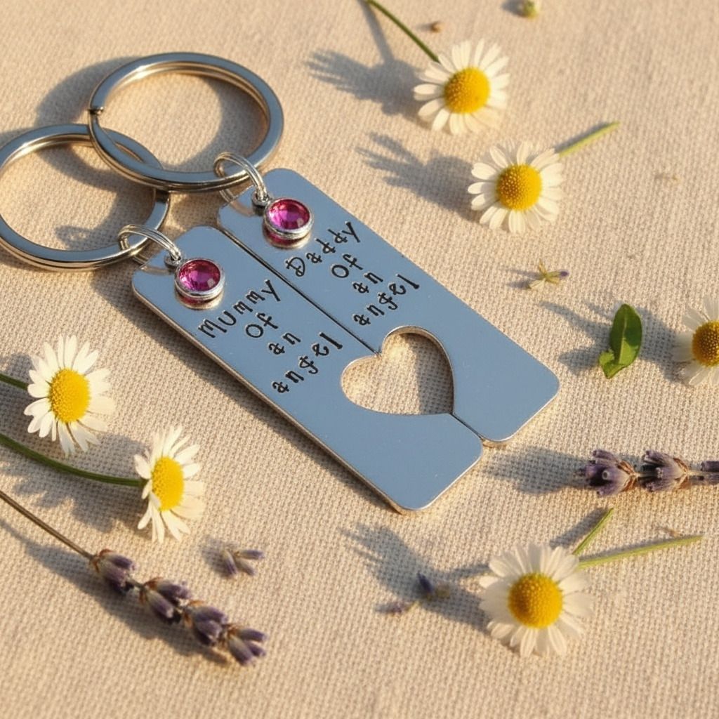Baby Loss Keyring Set – Mummy & Daddy of an Angel with Birthstones