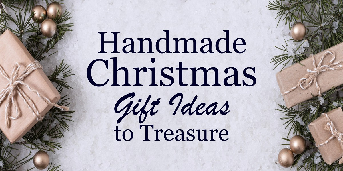 Festive snowy background with wrapped Christmas presents around the edges and text â€˜Handmade gift ideas to treasureâ€™ in the centre.