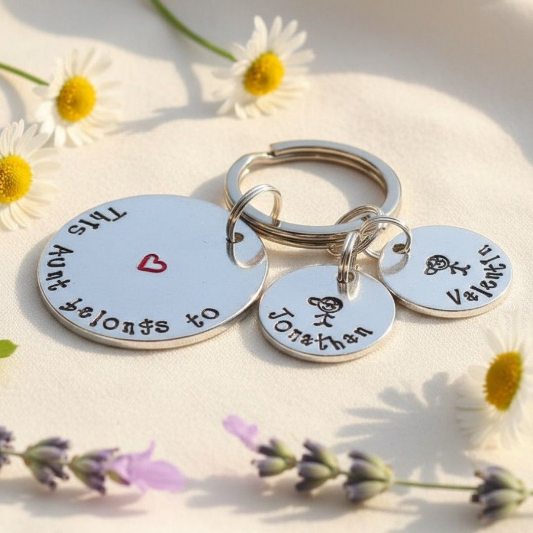 Personalised “This Auntie Belongs To” Keyring – Children’s Names & Stick Figure Charms
