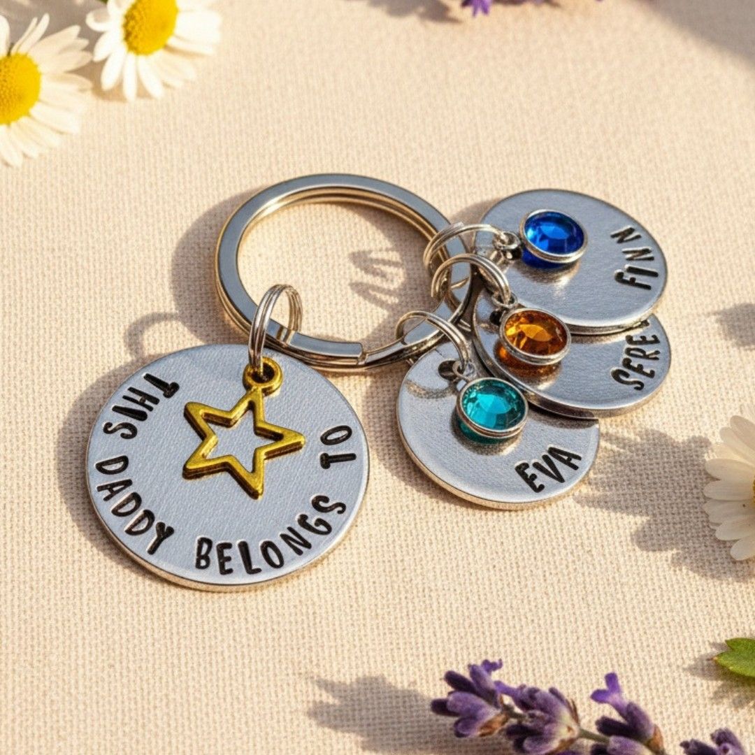 Personalised Daddy Keyring – “This Daddy Belongs To” with Names & Birthstones